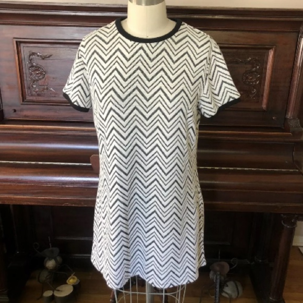 Mod 60’s Style L Large White GoGo Mini Dress Black Chevron Zigzag Ringer Sleeve